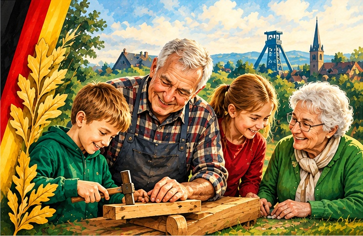 Älterer Handwerker zeigt Kindern traditionelles Handwerk